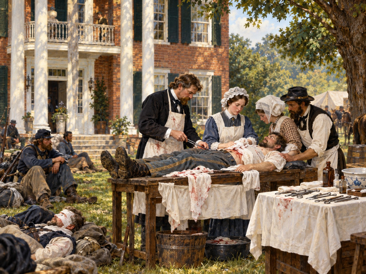 Civil War medical personnel treating a wounded soldier beside a field hospital.