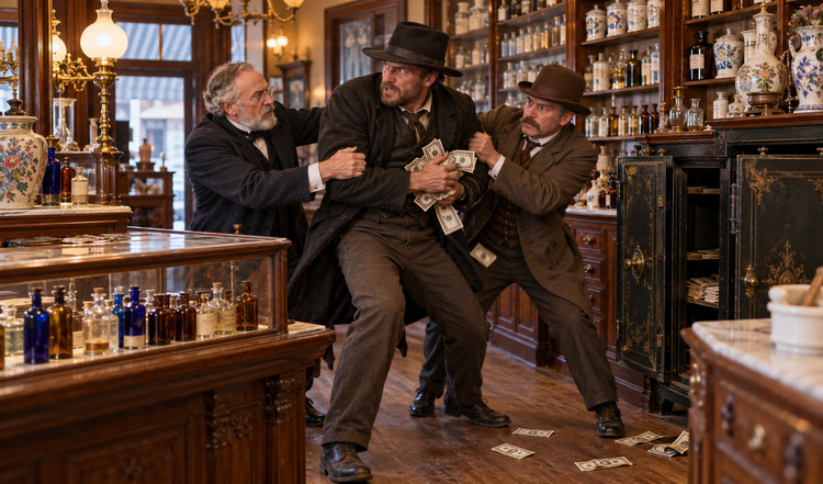 Two nineteenth-century men confronting a suspected intruder inside an apothecary shop.