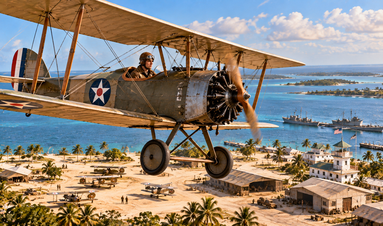 Open-cockpit biplane flying over a palm-lined coastal training airfield and anchored ships.