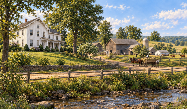 White two-story farmhouse with decorative gable trim, barns, fields, wagon, and roadside stream.