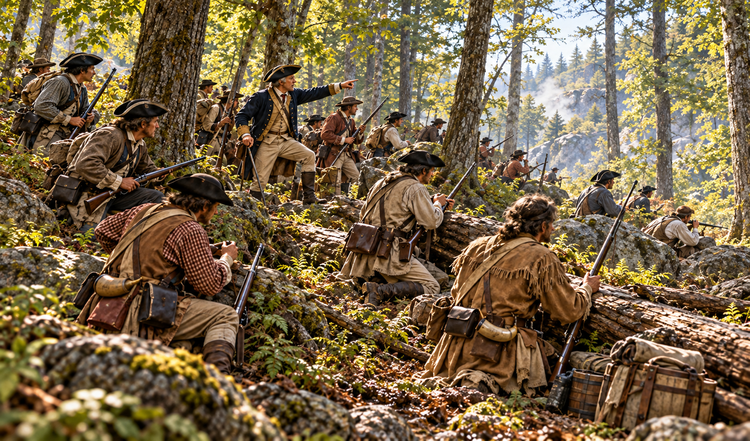 Revolutionary-era militia organizing with muskets among trees and rocks in a wooded ravine.