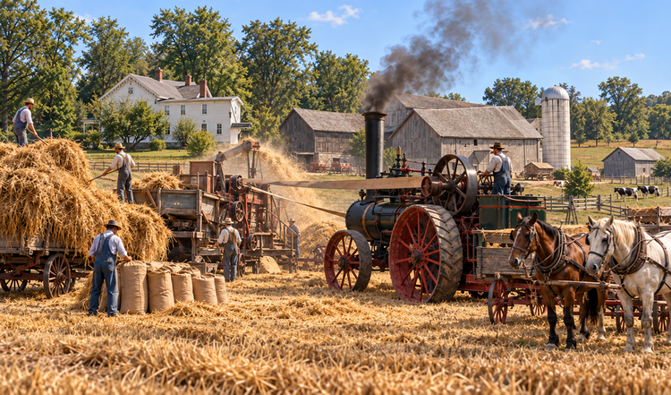 Steam traction engine powering a belt-driven thresher with harvest workers and bay and white horses.