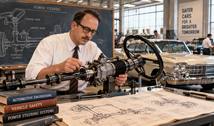 Bespectacled engineer closely inspecting a steering mechanism at a mid-century automotive workbench.