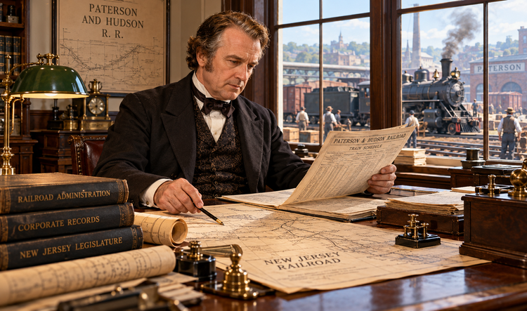 Victorian gentleman studying railway correspondence beside a window overlooking a steam train.