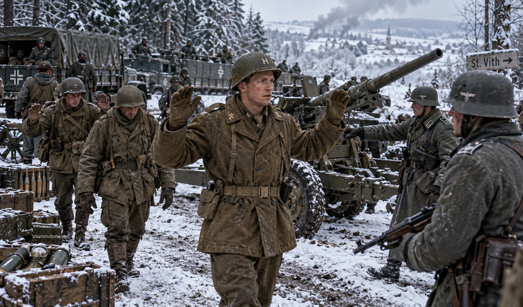Snow-covered battlefield near a Belgian village, with surrendering American soldiers surrounded by German troops and artillery.