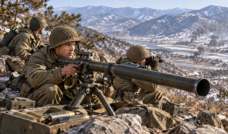 Three U.S. soldiers man a recoilless rifle from a rocky, snow-dusted Korean hillside.