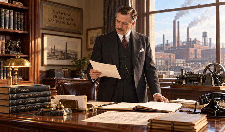 Mustached 1930s businessman reviewing papers in a wood-paneled office, with a factory visible outside.