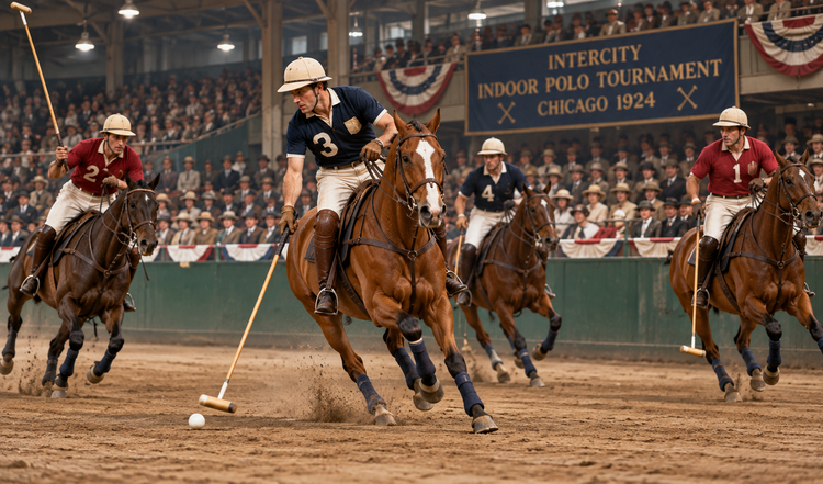 Four mounted polo players competing for a ball in a crowded 1920s indoor arena.