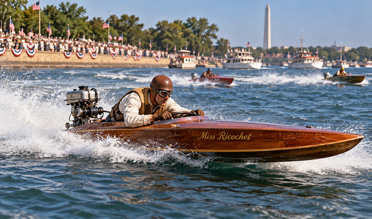 Goggle-wearing racer steering a small wooden outboard speedboat called Miss Ricochet across the Potomac.