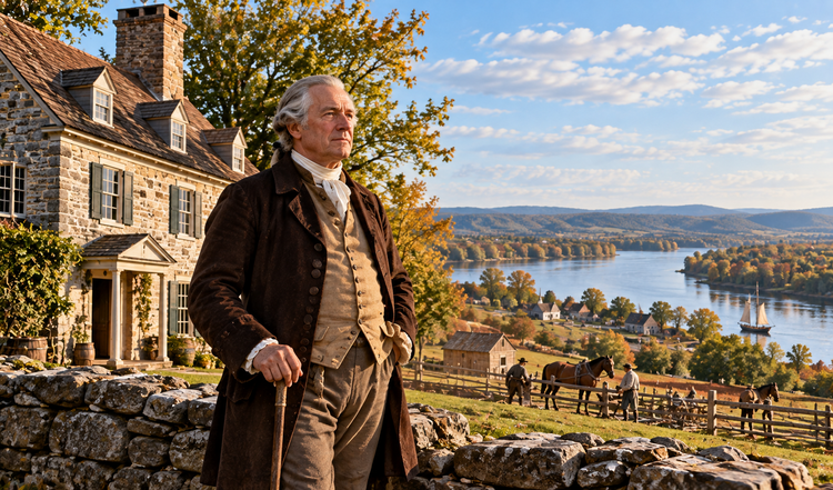 Elderly colonial landowner outside a large stone home in the wooded Mohawk Valley.