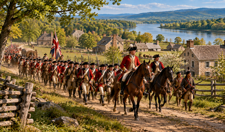 Eighteenth-century military column with horses and wagons approaching an eastern New York settlement.