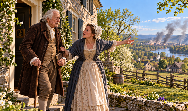 Young woman warns an elderly white-haired man at the entrance to a colonial stone house.