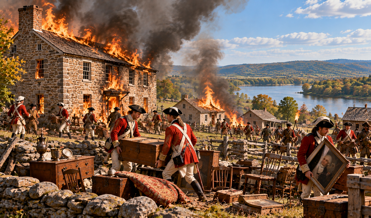 Colonial buildings burn near a river as troops remove goods from a Mohawk Valley settlement.