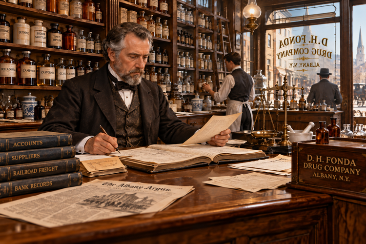 Bearded proprietor reviewing ledgers at an apothecary desk lined with medicine bottles and brass scales.