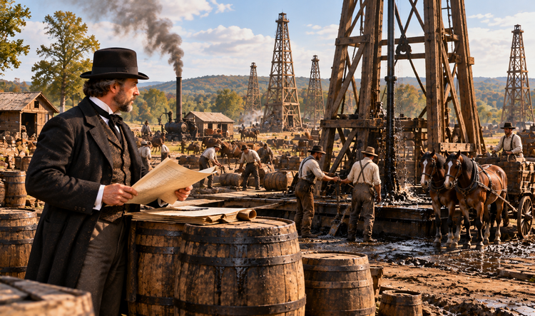 Victorian businessman studying a document beside barrels, wooden oil derricks, and workers.