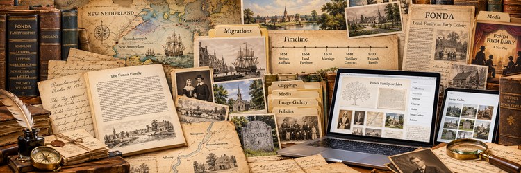 Fonda family archive materials arranged on a desk with digital and print resources