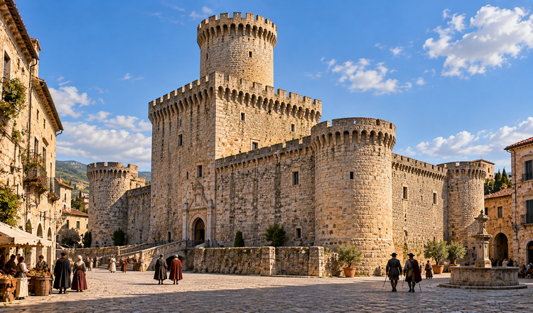 Medieval stone castle with a square keep, round towers and a town square in Italy.