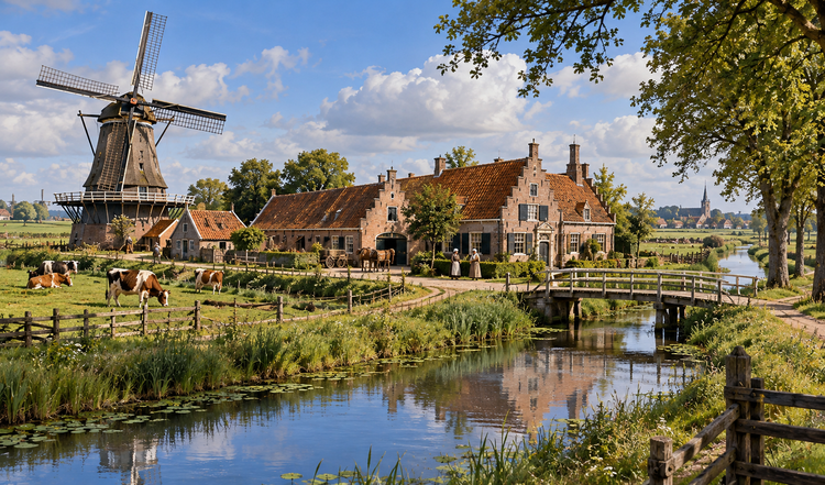 Rural Dutch-style estate beside a waterway, with grazing cattle, barns and a windmill.