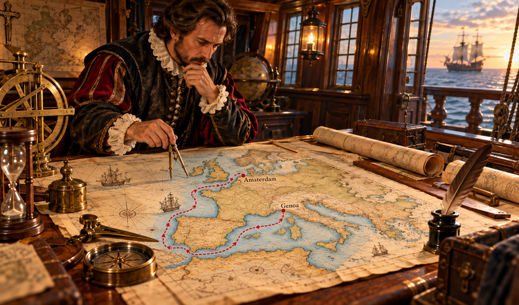 Early modern navigator using dividers over a European map with a sea route around Spain from Genoa to Amsterdam.