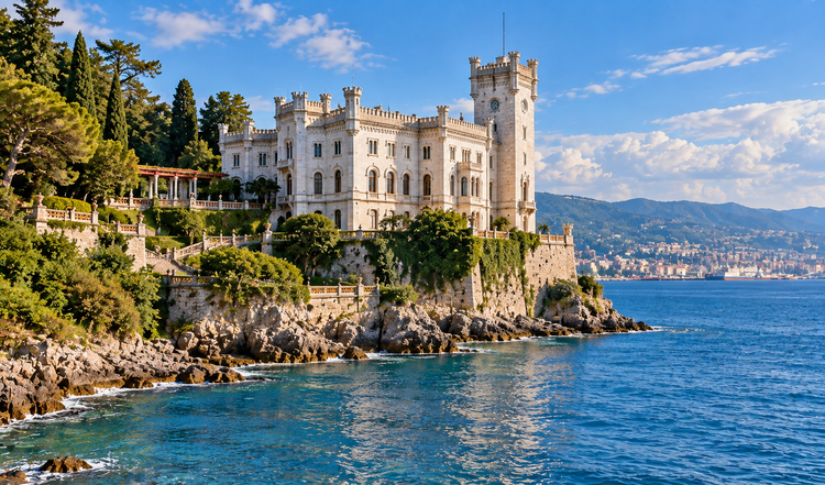 White Miramare Castle on a rocky shore beside blue Adriatic water near Trieste.