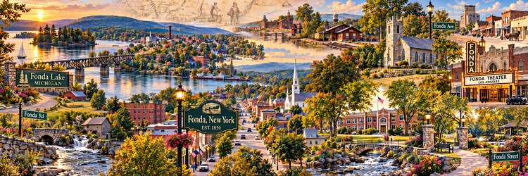 Collage of places bearing the Fonda name across the United States