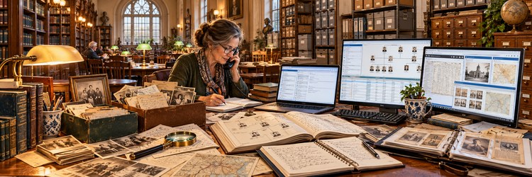 Genealogy research using libraries, archives, family papers, databases, and digital sources