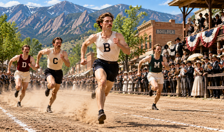 Four nineteenth-century runners racing on a dirt course lined by spectators in Boulder, Colorado.