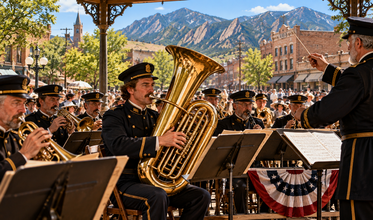 Uniformed nineteenth-century town musicians perform outdoors with a prominent large brass tuba.