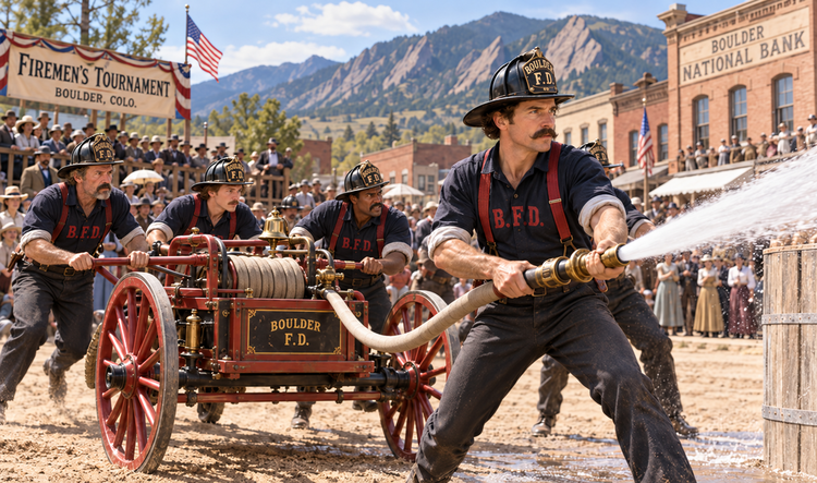 Four distinct uniformed nineteenth-century firefighters operate a hand-drawn hose cart before Boulder spectators.