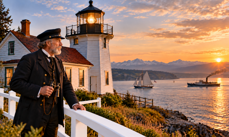 Older lighthouse keeper in a dark coat beside a white railing, illuminated beacon, and sunset sea.