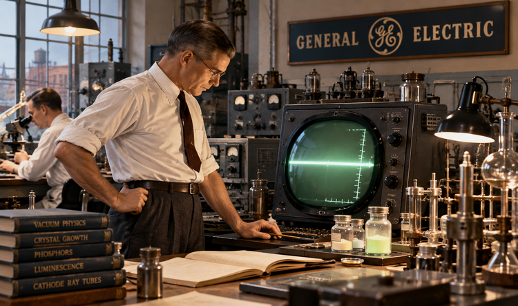 Scientist in rolled-up white sleeves examining a glowing green cathode-ray screen among laboratory apparatus.