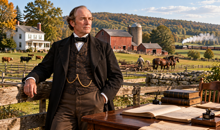 Well-dressed nineteenth-century landowner surveys a Pennsylvania farm with horses, cattle and barns.