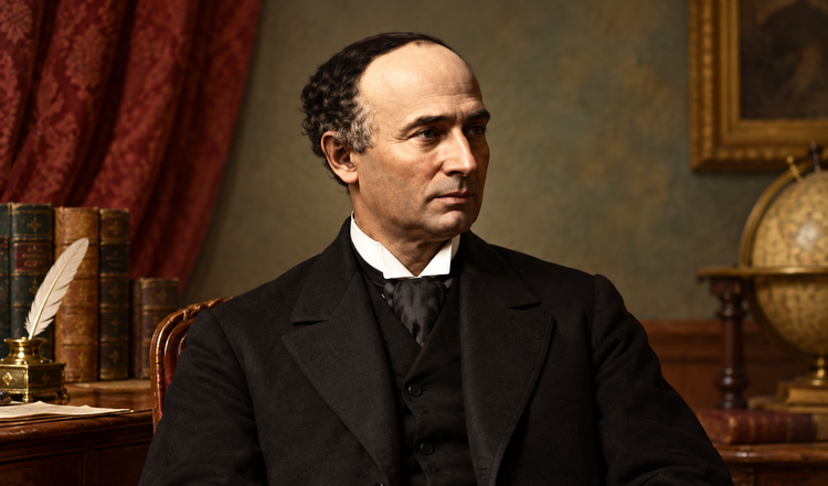 Clean-shaven balding nineteenth-century gentleman seated in a dark formal coat with white collar.