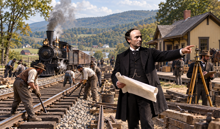 Clean-shaven railway superintendent with rolled plans points toward track workers at a small station in a wooded Pennsylvania valley.