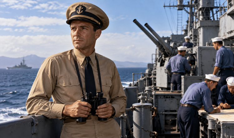 Henry Fonda-inspired naval officer holding binoculars on a warship deck with sailors nearby.