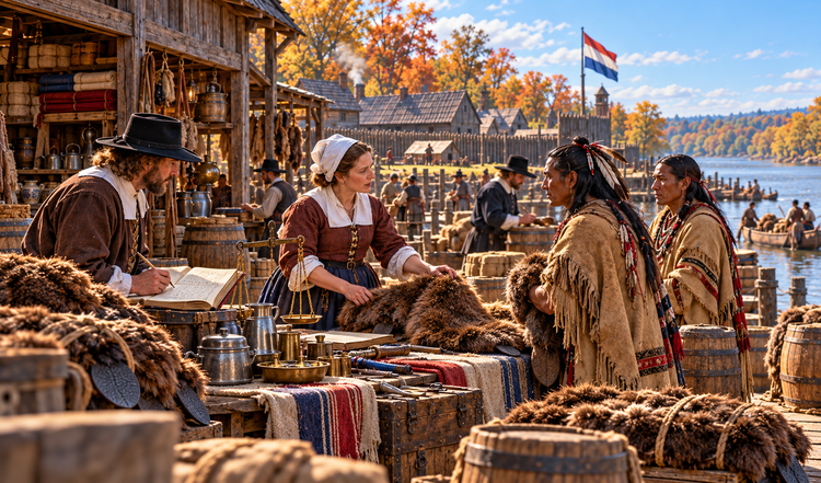 Dutch businesswoman examining beaver pelts and negotiating with Indigenous traders at a seventeenth-century Hudson River trading post.