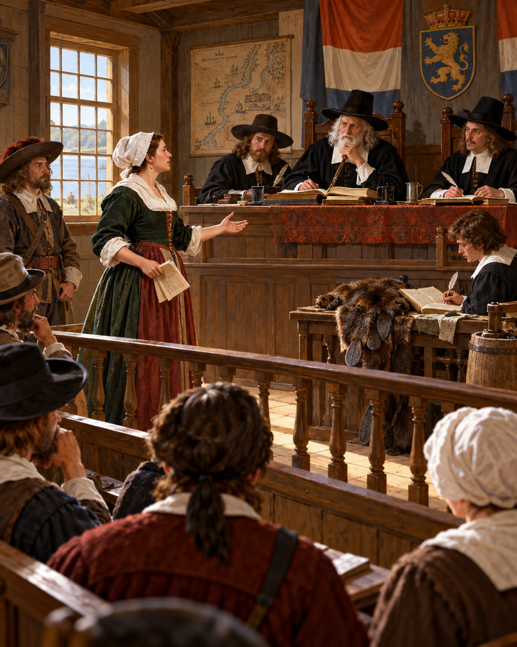 Seventeenth-century Dutch colonial woman presenting a claim before magistrates in a courtroom.