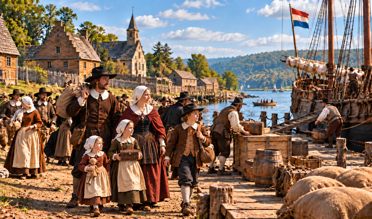 Dutch settler family of five with three children, carrying bundles past a ship and a wooden riverside wharf.