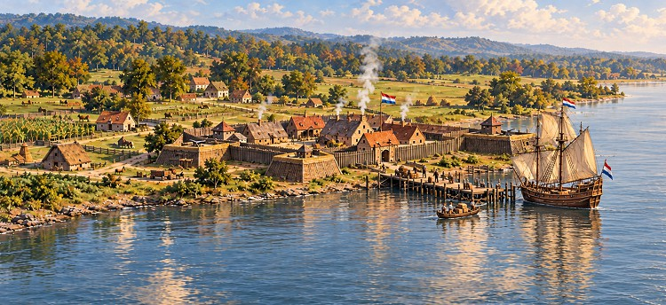 Illustrated riverside Dutch settlement with wooden buildings, a ship, and the Hudson River.