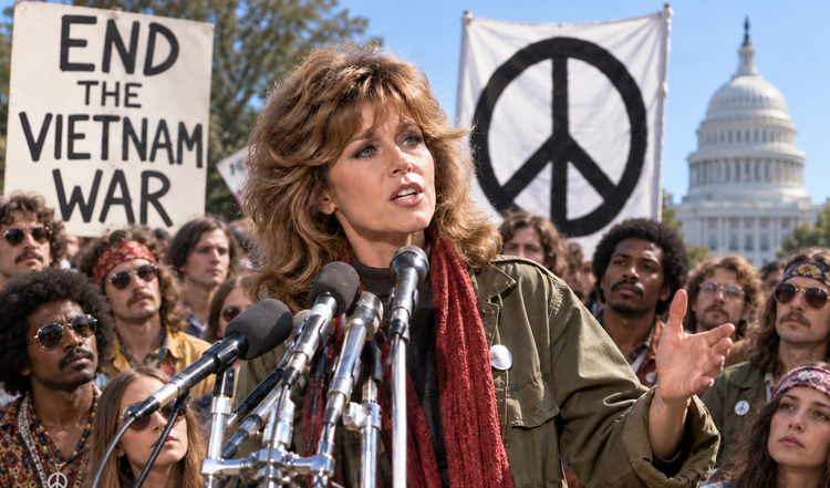 A woman resembling Jane Fonda addresses a mixed crowd at a 1970s-style public protest rally.