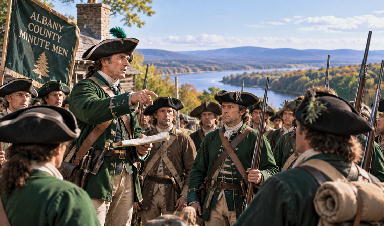 Colonial militia officers and enlisted men assemble with muskets and drums in a village training ground.