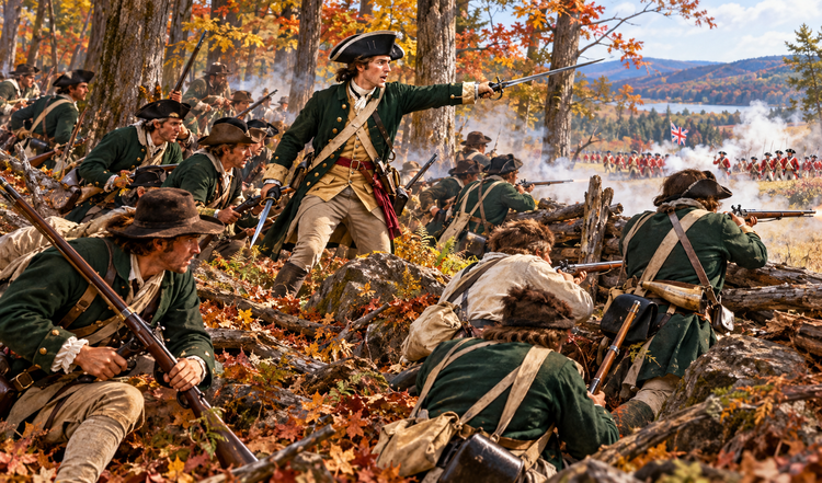 Revolutionary War militia in green-trimmed uniforms advance through smoke and autumn fields at Saratoga.