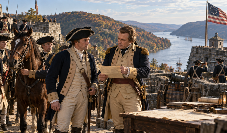 Continental Army officers confer inside a Hudson River fortress with West Point defenses visible nearby.