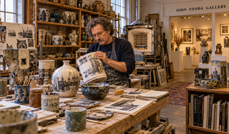 Ceramic artist inspecting a photo-decorated vessel at a cluttered studio table near a kiln.