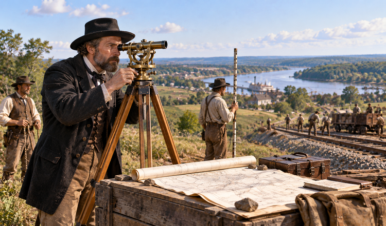 Bearded nineteenth-century surveyor peers through a transit while assistants and laborers work along a river embankment.