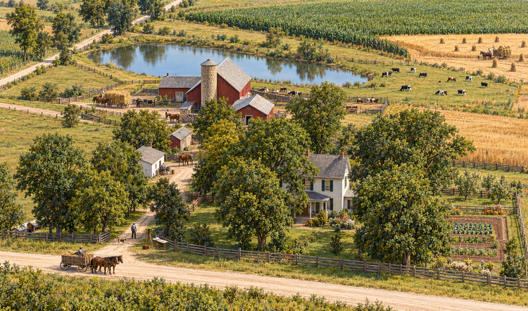 Wide view of a nineteenth-century Illinois farmstead with barn, silo, pond and surrounding fields.