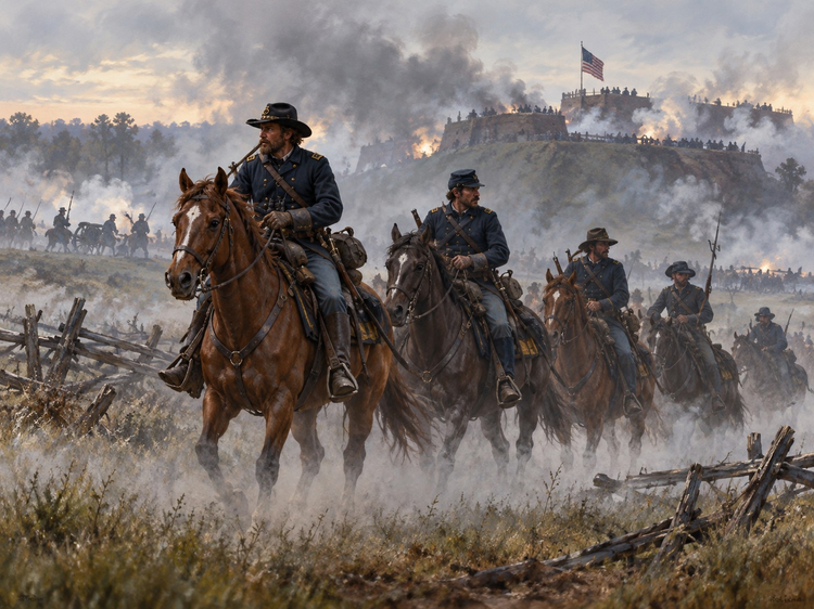 Civil War cavalrymen ride in formation with guidons and sabers across an open field.