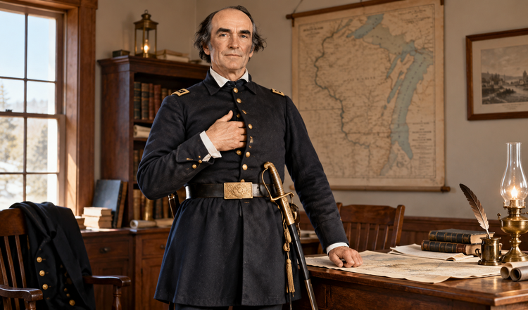 An older nineteenth-century officer in a dark uniform stands beside maps and papers in a wooden study.