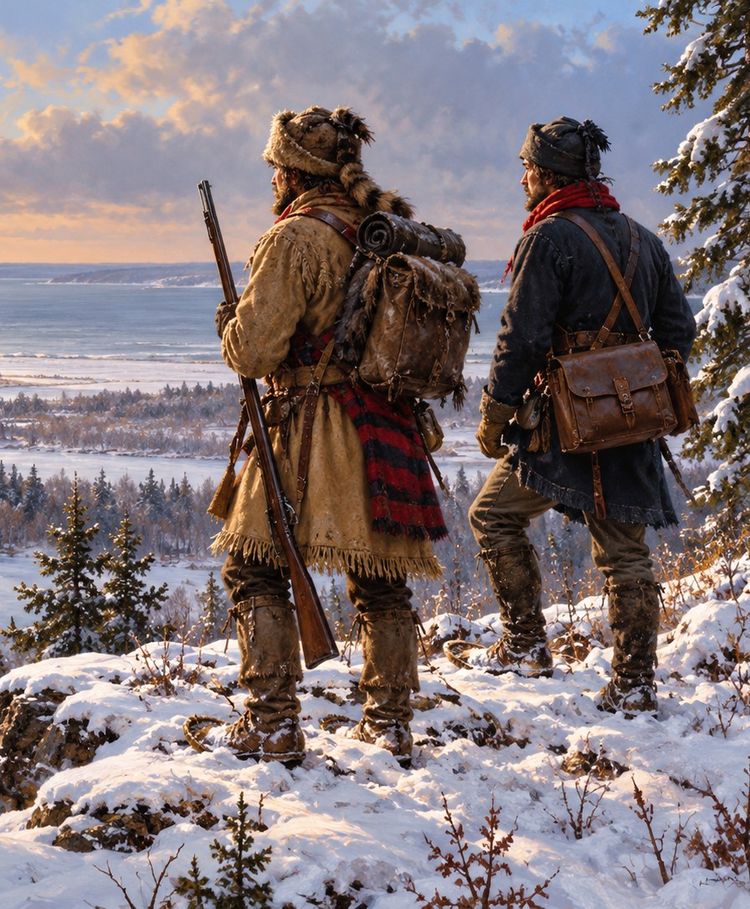 Two nineteenth-century frontier couriers stand in a snow-covered wilderness looking across a wooded landscape.