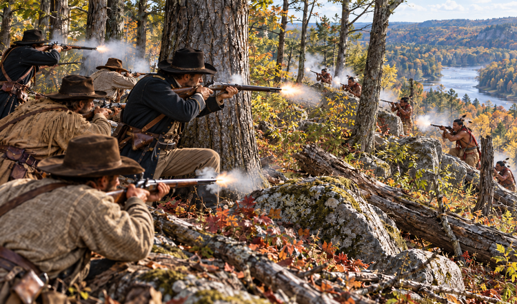 Armed soldiers and Ho-Chunk fighters exchange musket fire from opposite sides of a wooded Wisconsin hillside.